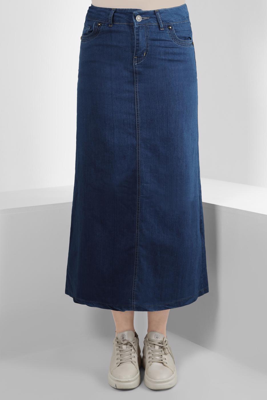 Tesettür giyim LACİVERT CEPLİ DENİM ETEK T 8012