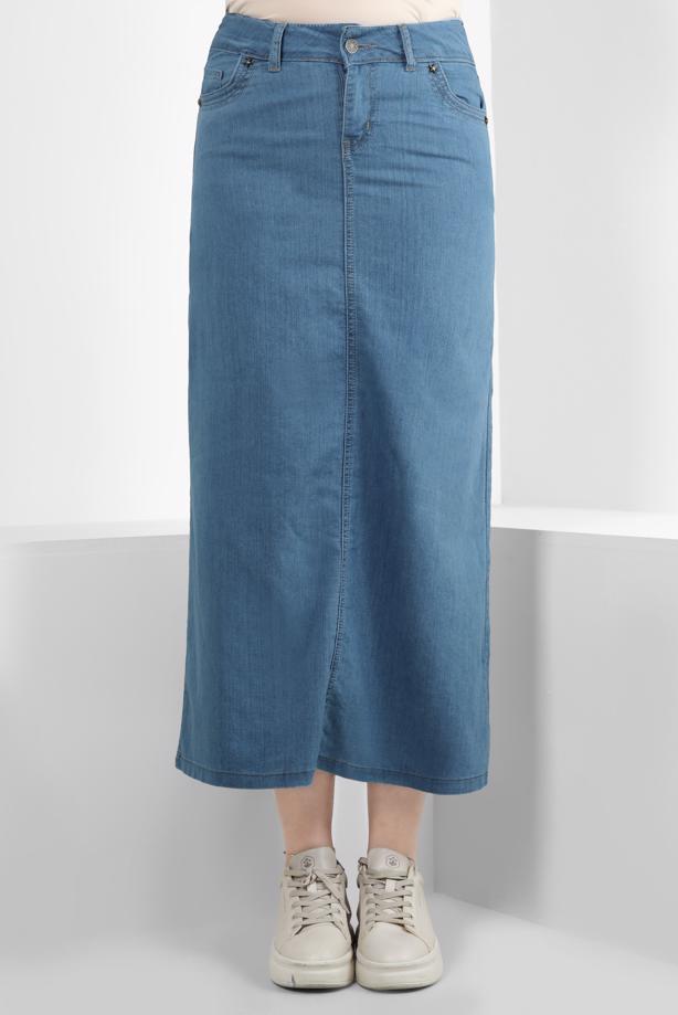 Vêtements hijab BLEU JUPE EN JEAN AVEC DÉTAIL POCHE T 8012 - TRENDTESETTÜR