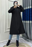 Tesettür giyim SİYAH KAPÜŞONLU CEPLİ FERMUARLI KABAN T 428