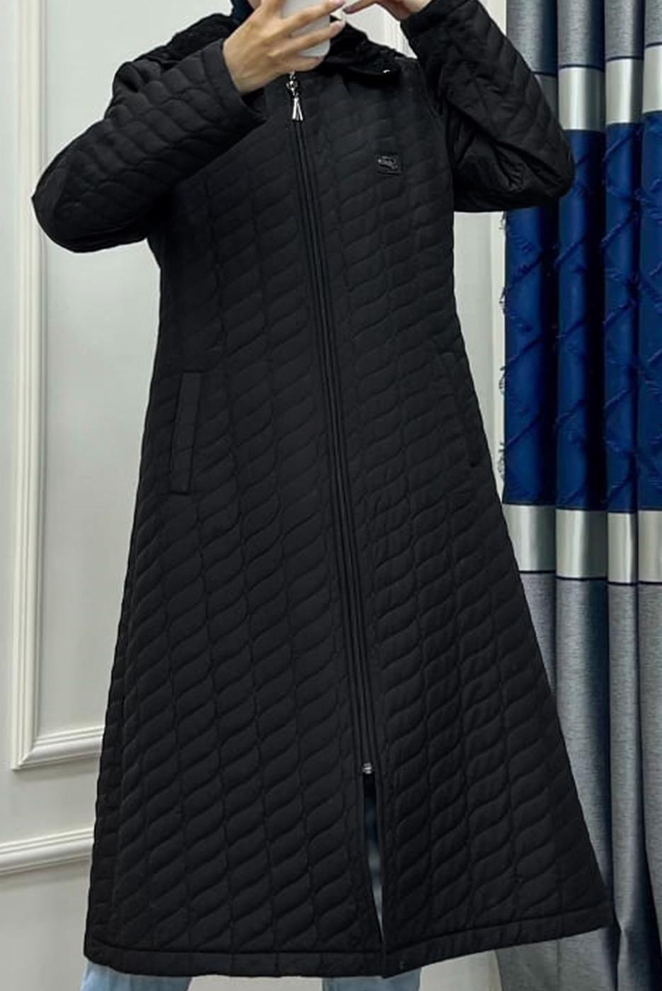 Tesettür giyim SİYAH KAPÜŞONLU CEPLİ FERMUARLI KABAN T 428