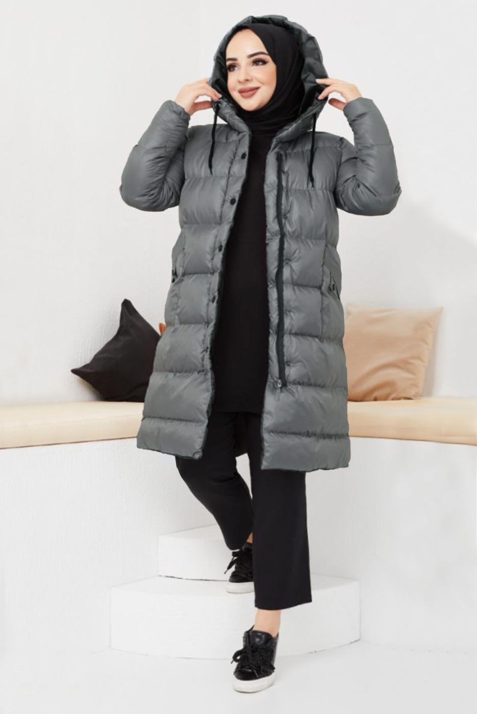 Tesettür giyim GRİ KAPÜŞONLU CEPLİ ŞİŞME KABAN T 0521
