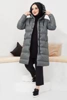 Tesettür giyim GRİ KAPÜŞONLU CEPLİ ŞİŞME KABAN T 0521