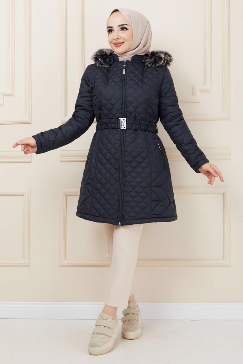 Vêtements hijab BLEU MARINE DOUDOUNE À CAPUCHE FOURRURE T 0566