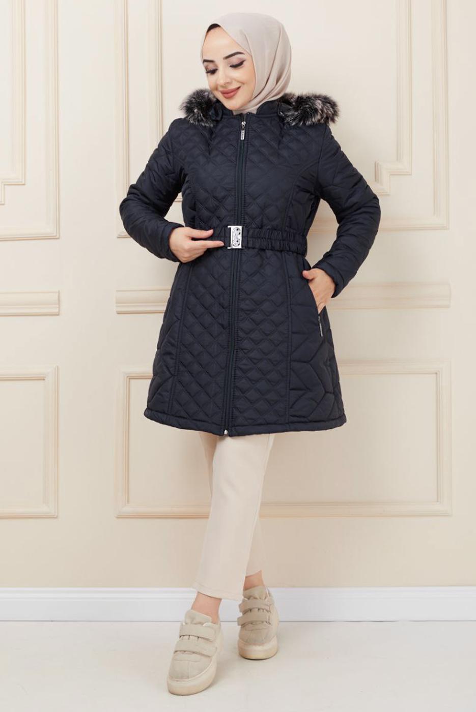 Vêtements hijab BLEU MARINE DOUDOUNE À CAPUCHE FOURRURE T 0566