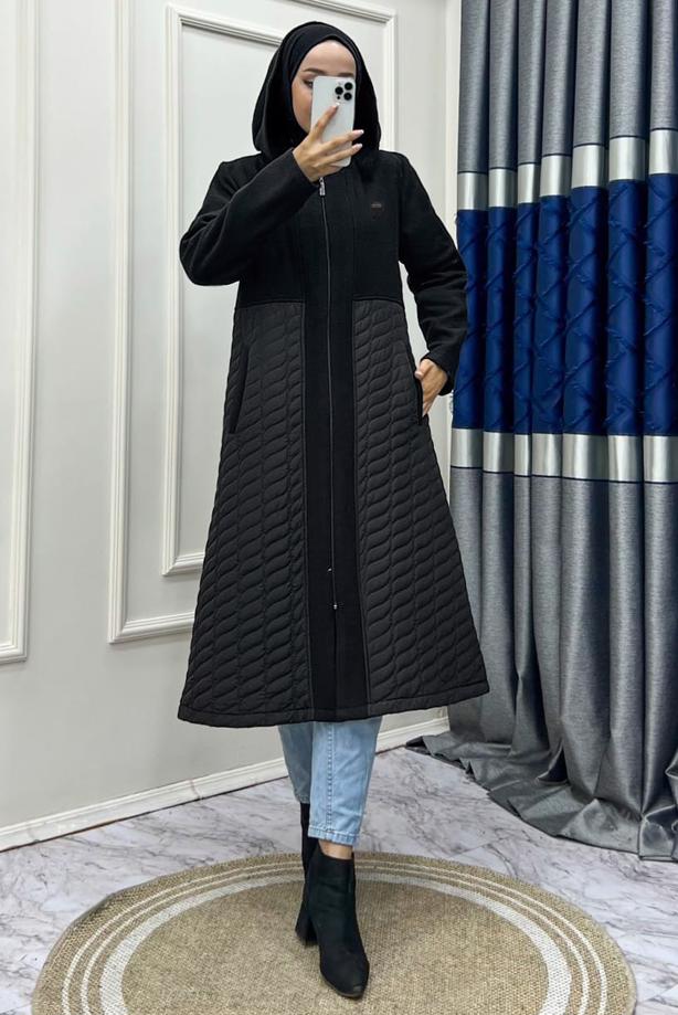 Hijab clothing BLACK HOODED ZIPPERED COAT WITH POCKET DETAIL T 0628 - TRENDTESETTÜR