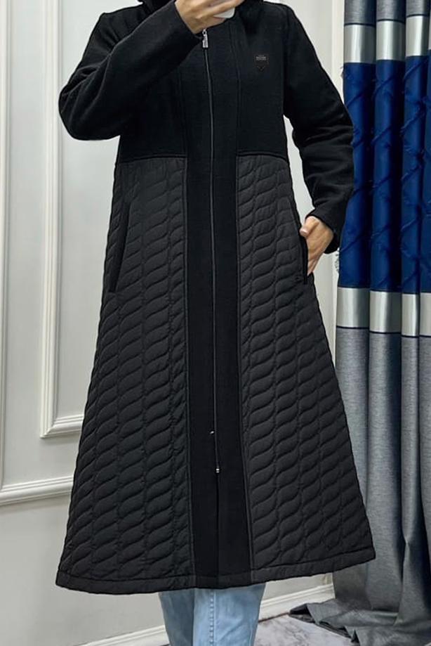 Hijab clothing BLACK HOODED ZIPPERED COAT WITH POCKET DETAIL T 0628 - TRENDTESETTÜR
