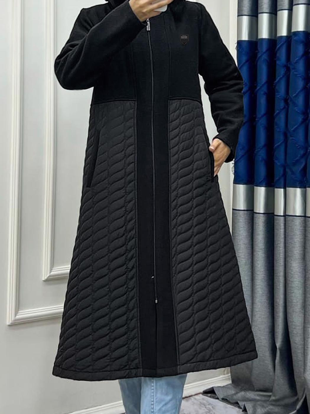 Tesettür giyim SİYAH KAPÜŞONLU CEPLİ FERMUARLI KABAN T 0628