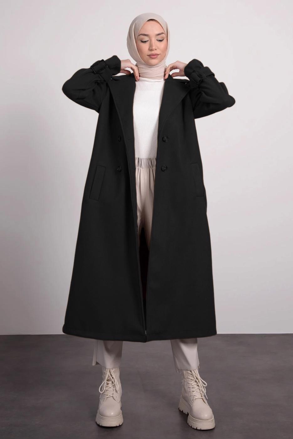 Tesettür giyim SİYAH KRUVAZE YAKA KABAN T 0695