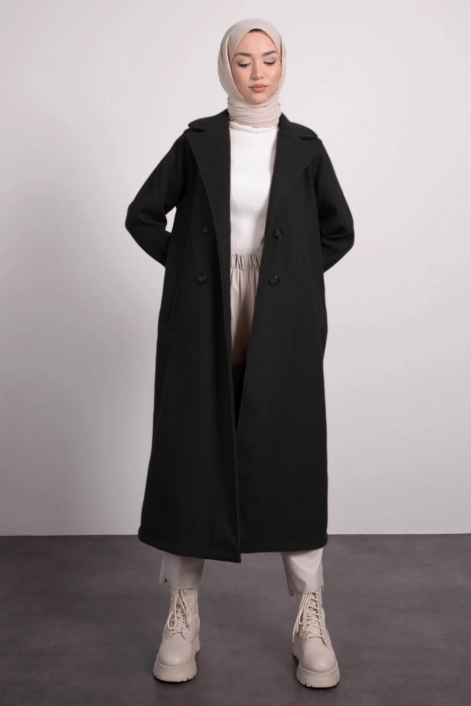 Tesettür giyim SİYAH KRUVAZE YAKA KABAN T 0695