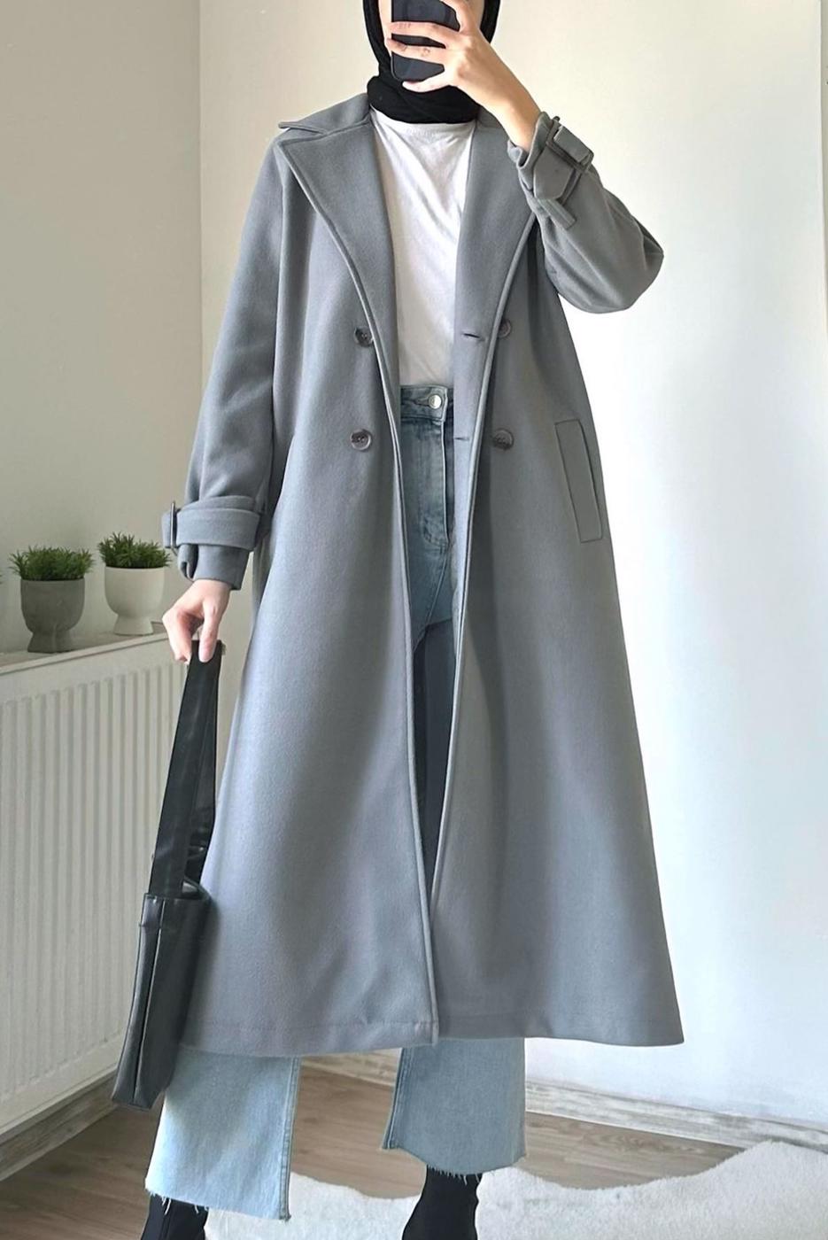 Tesettür giyim GRİ KRUVAZE YAKA KABAN T 0695