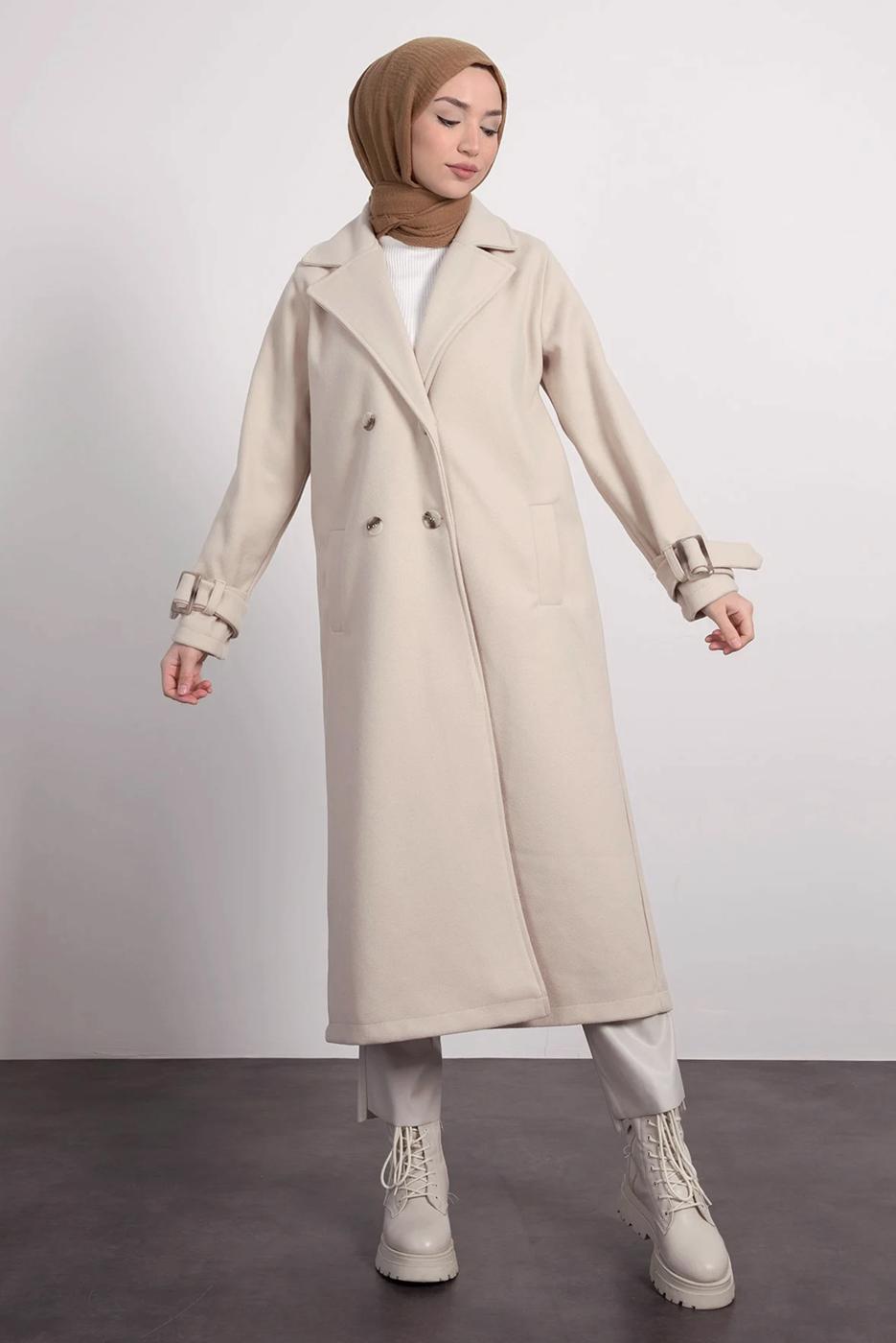 Tesettür giyim EKRU KRUVAZE YAKA KABAN T 0695