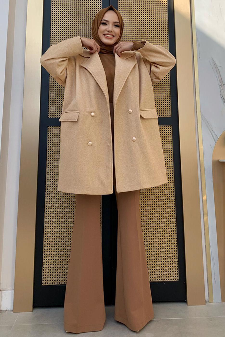 Tesettür giyim TABA KRUVAZE YAKA KABAN T 0777