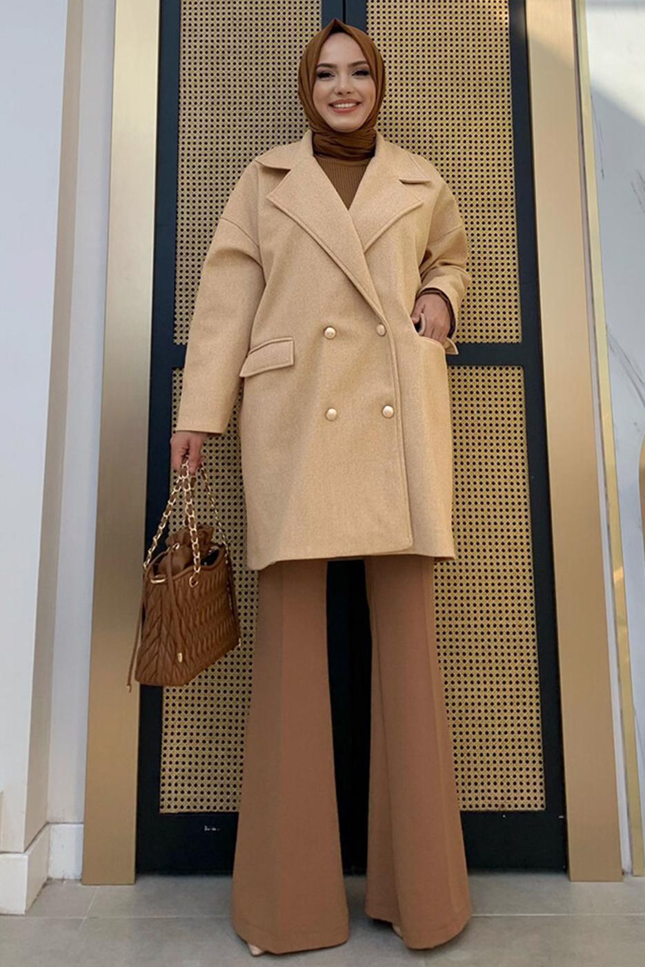 Tesettür giyim TABA KRUVAZE YAKA KABAN T 0777