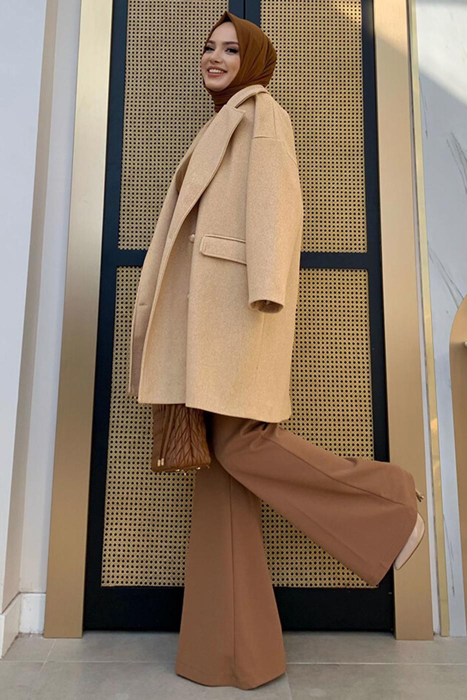 Tesettür giyim TABA KRUVAZE YAKA KABAN T 0777