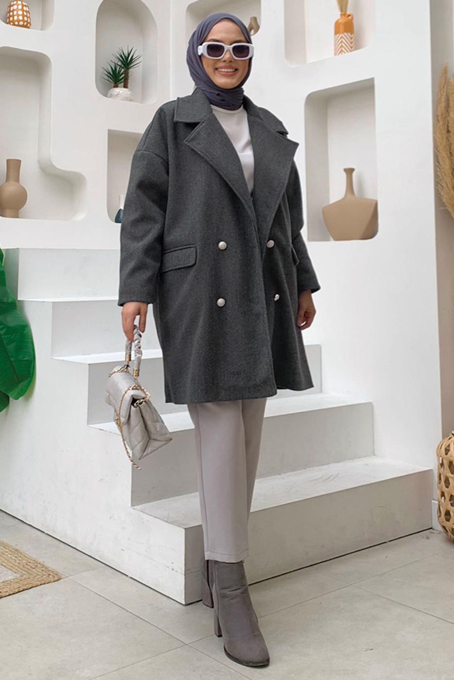 Tesettür giyim GRİ KRUVAZE YAKA KABAN T 0777