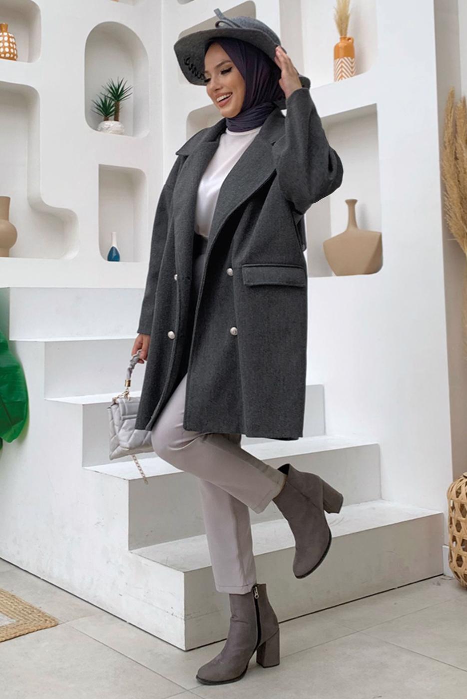 Tesettür giyim GRİ KRUVAZE YAKA KABAN T 0777