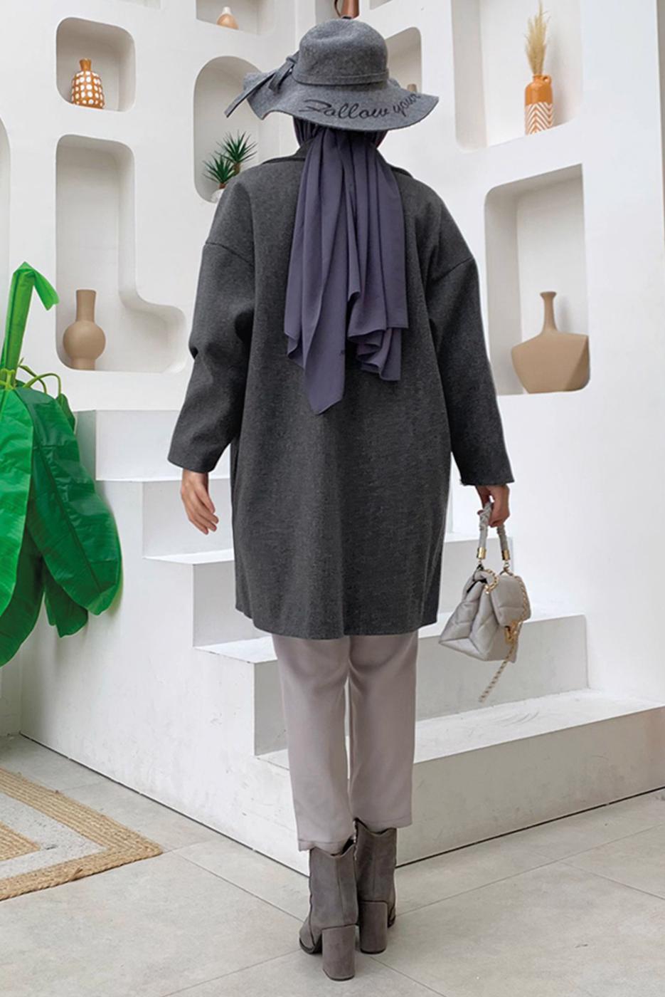 Tesettür giyim GRİ KRUVAZE YAKA KABAN T 0777