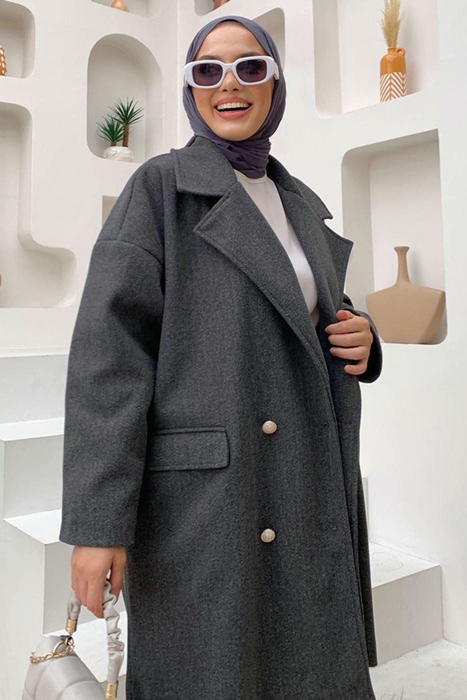 Tesettür giyim GRİ KRUVAZE YAKA KABAN T 0777