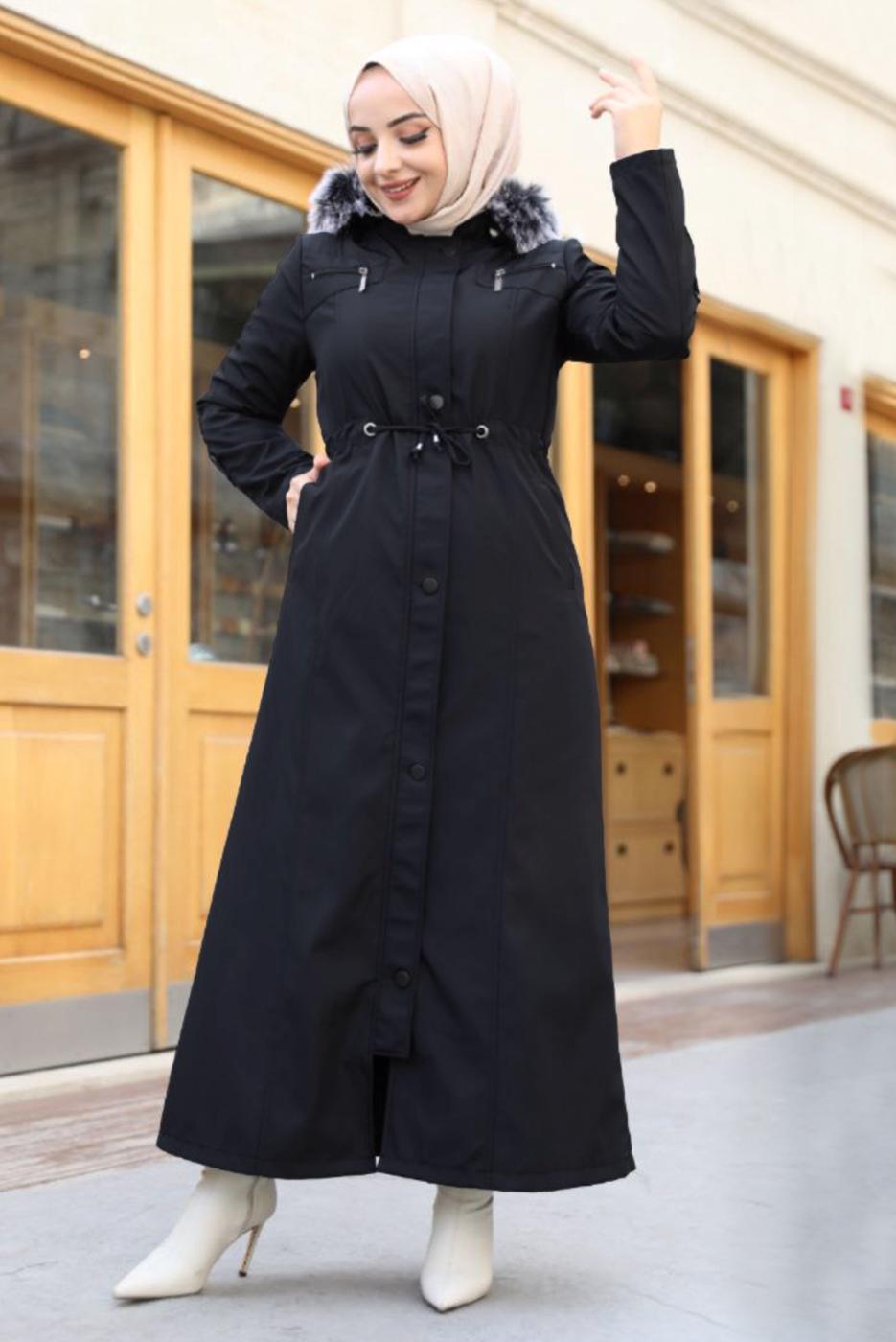 Tesettür giyim SİYAH KAPÜŞONLU MANTO T 0867