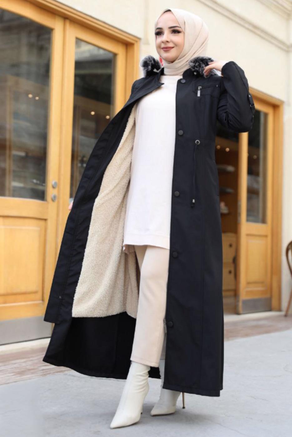 Tesettür giyim SİYAH KAPÜŞONLU MANTO T 0867