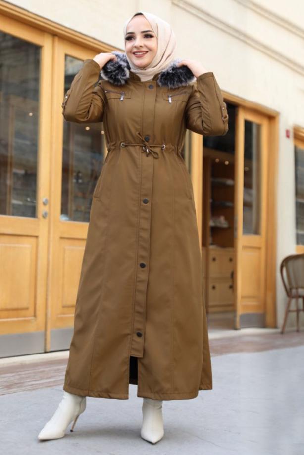 Tesettür giyim KAHVE KAPÜŞONLU MANTO T 0867 - TRENDTESETTÜR