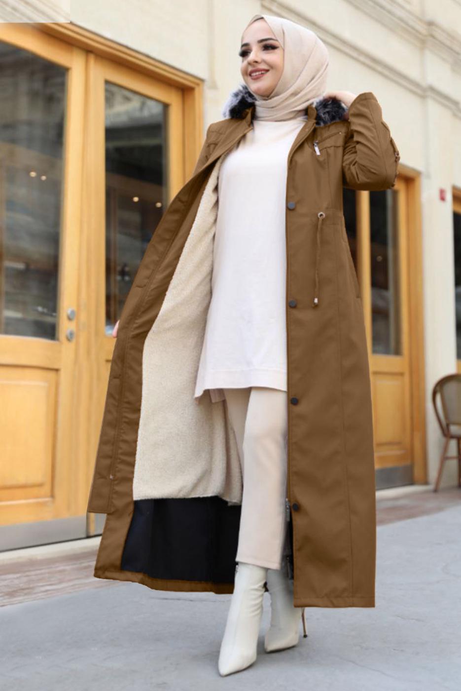 Tesettür giyim KAHVE KAPÜŞONLU MANTO T 0867