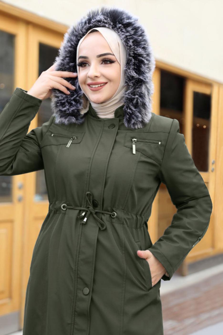 Tesettür giyim HAKİ KAPÜŞONLU MANTO T 0867