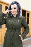Tesettür giyim HAKİ KAPÜŞONLU MANTO T 0867