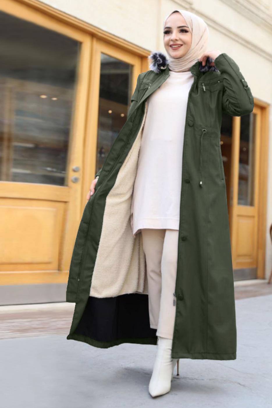 Tesettür giyim HAKİ KAPÜŞONLU MANTO T 0867