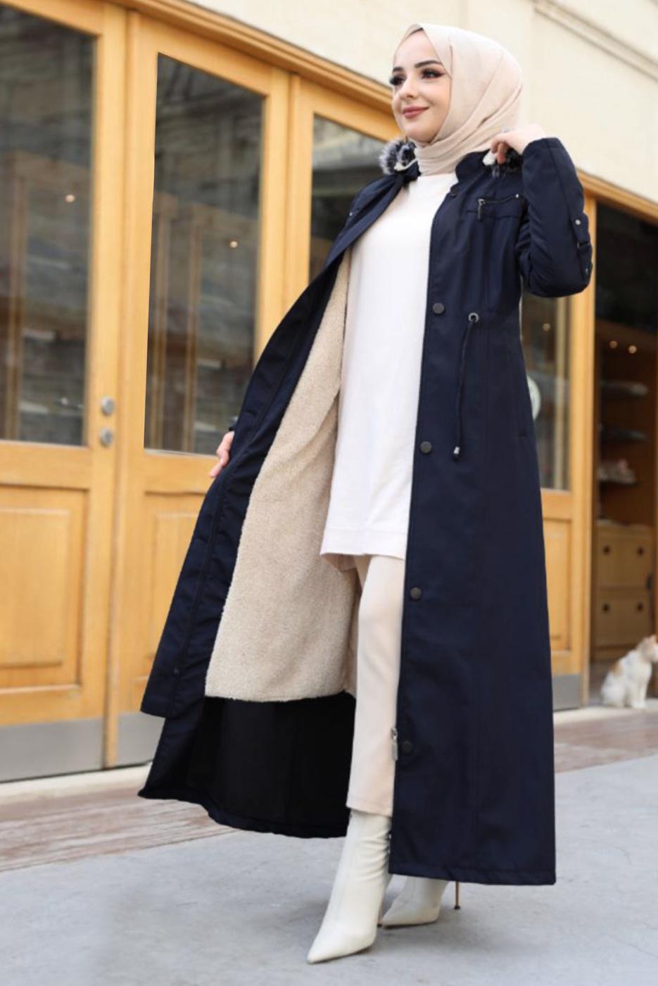 Tesettür giyim LACİVERT KAPÜŞONLU MANTO T 0867