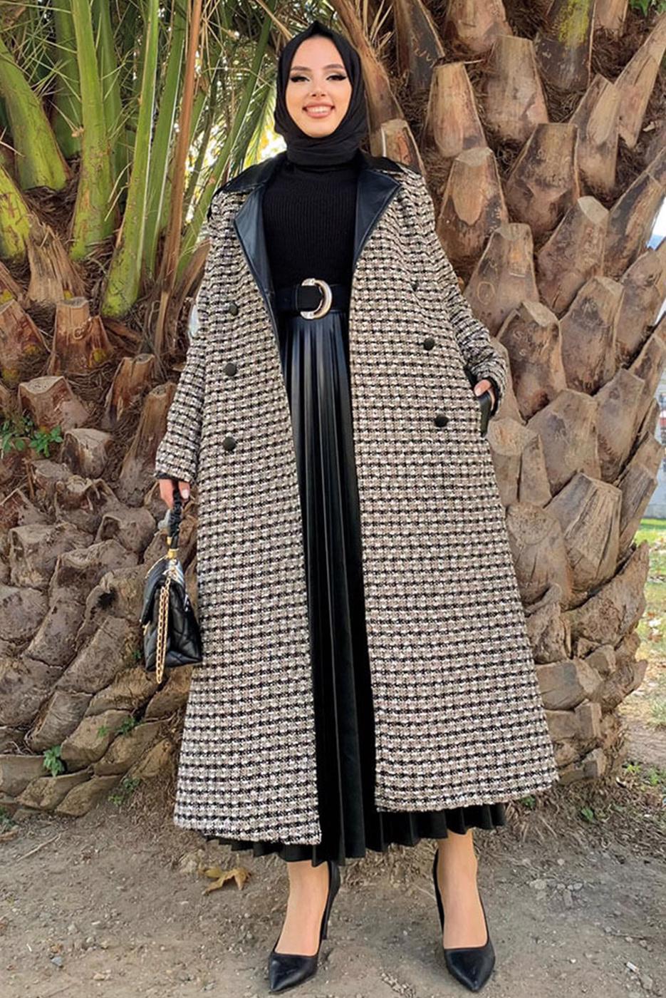 Tesettür giyim SİYAH KAZAYAĞI DESENLİ KABAN T 0977