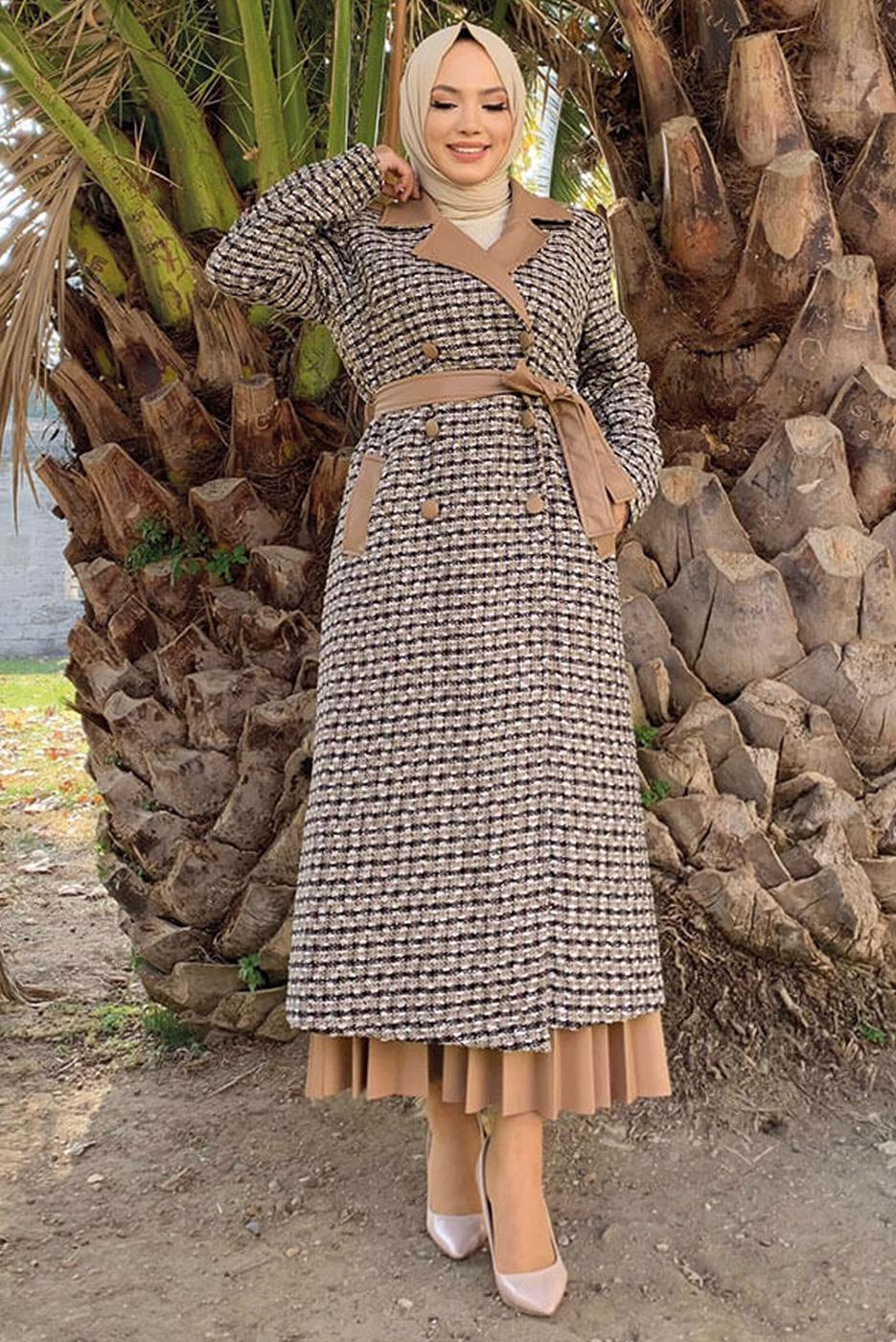 Tesettür giyim TABA KAZAYAĞI DESENLİ KABAN T 0977