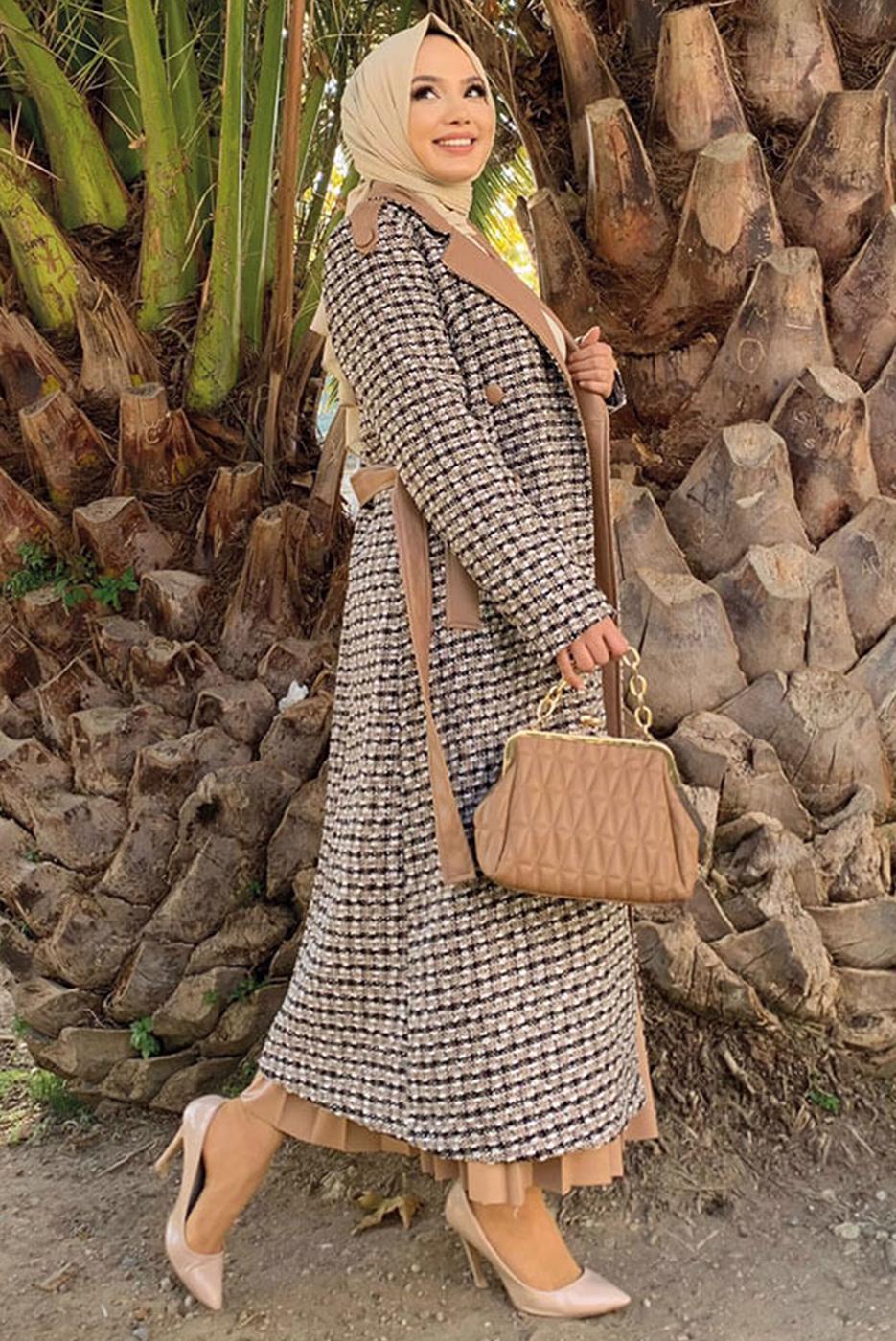 Tesettür giyim TABA KAZAYAĞI DESENLİ KABAN T 0977