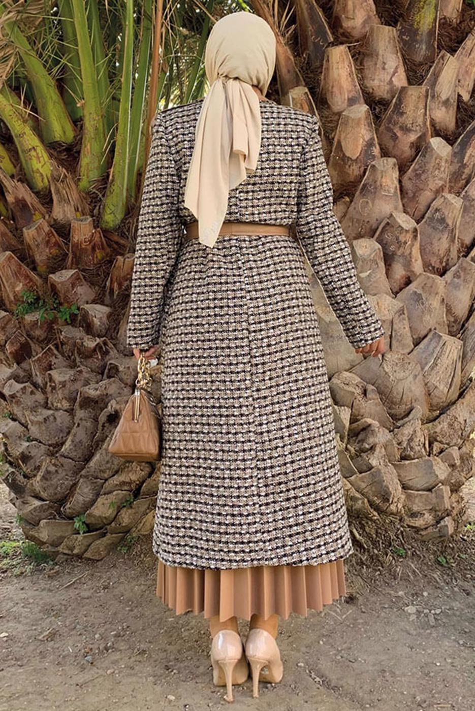 Tesettür giyim TABA KAZAYAĞI DESENLİ KABAN T 0977