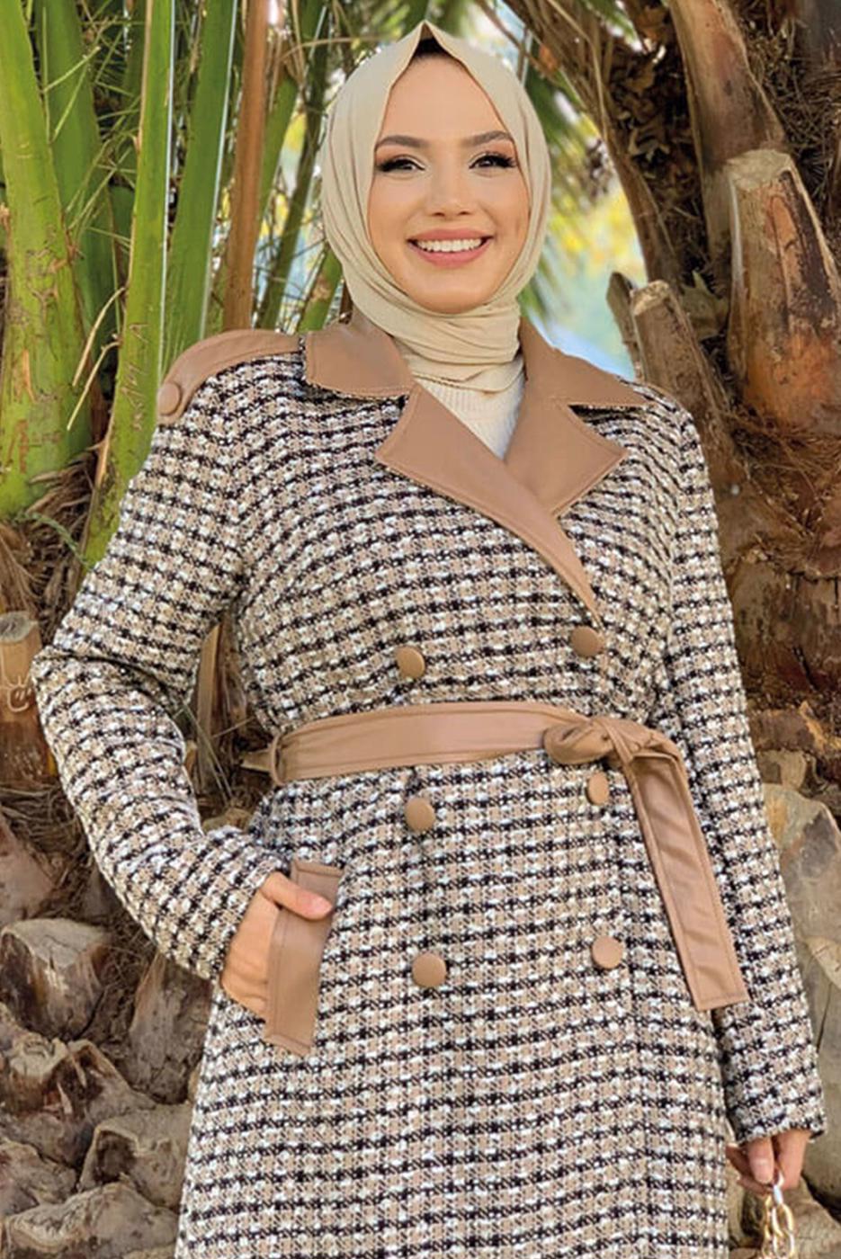 Tesettür giyim TABA KAZAYAĞI DESENLİ KABAN T 0977