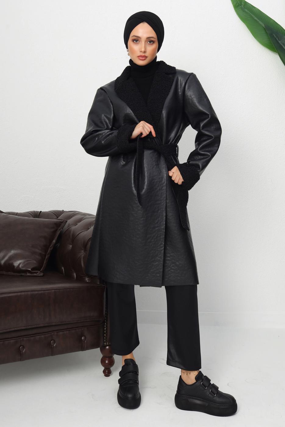 Tesettür giyim SİYAH KUŞAKLI SUNİ DERİ KABAN T 1153