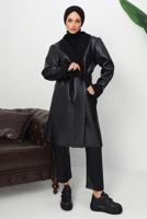 Tesettür giyim SİYAH KUŞAKLI SUNİ DERİ KABAN T 1153