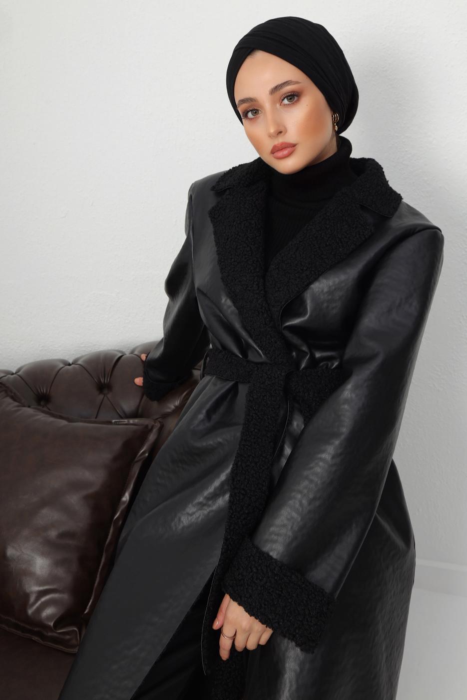 Tesettür giyim SİYAH KUŞAKLI SUNİ DERİ KABAN T 1153
