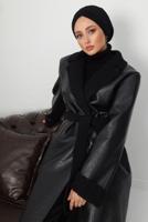 Tesettür giyim SİYAH KUŞAKLI SUNİ DERİ KABAN T 1153