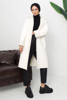 Tesettür giyim EKRU KUŞAKLI SUNİ DERİ KABAN T 1153