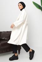 Tesettür giyim EKRU KUŞAKLI SUNİ DERİ KABAN T 1153