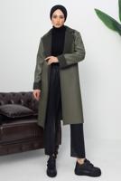 Hijab clothing KHAKI BELTED FAUX LEATHER COAT T 1153