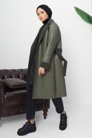 Hijab clothing KHAKI BELTED FAUX LEATHER COAT T 1153