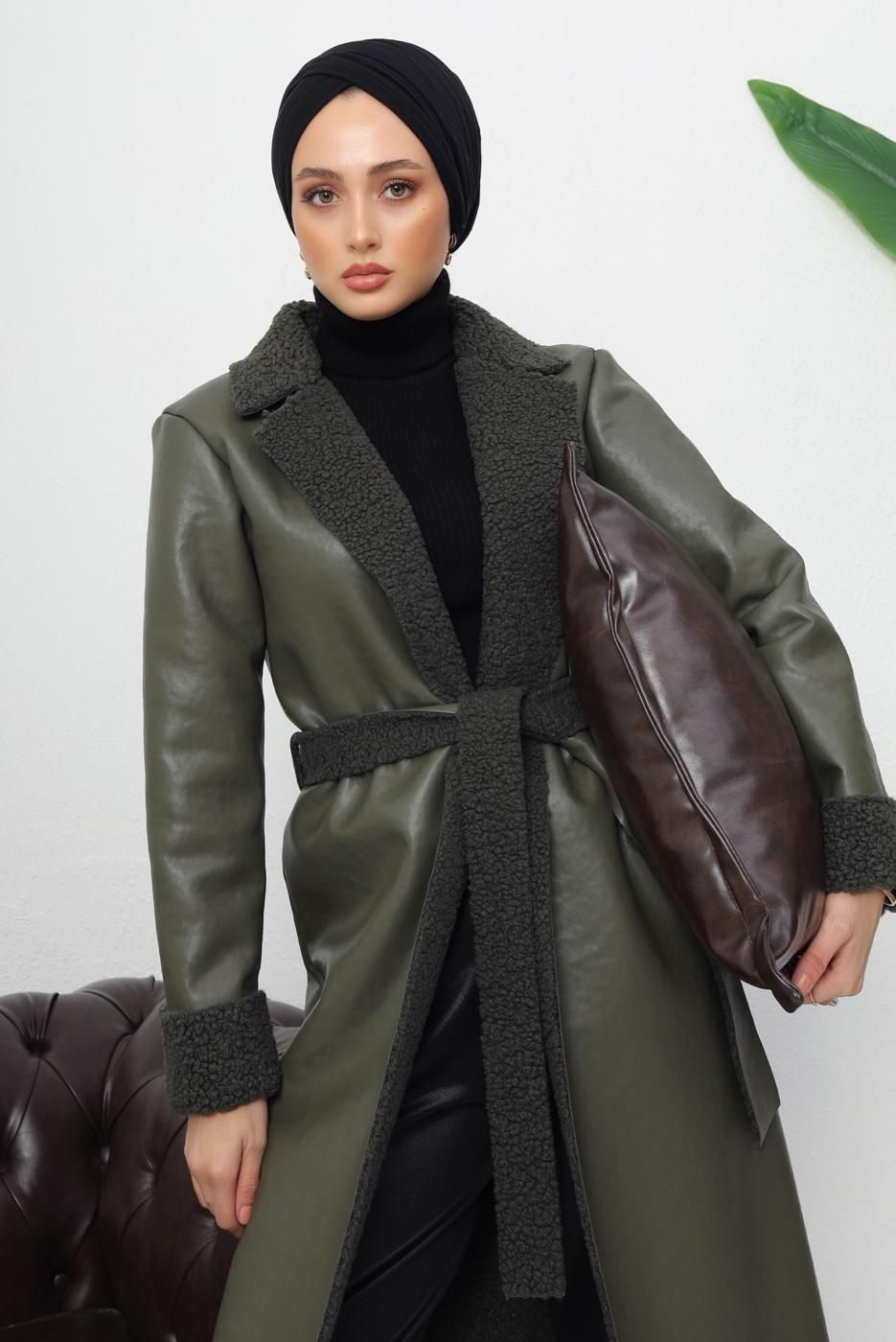 Hijab clothing KHAKI BELTED FAUX LEATHER COAT T 1153