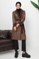 Tesettür giyim KAHVE KUŞAKLI SUNİ DERİ KABAN T 1153