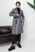 Tesettür giyim GRİ KUŞAKLI SUNİ DERİ KABAN T 1153