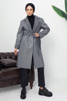 Tesettür giyim GRİ KUŞAKLI SUNİ DERİ KABAN T 1153