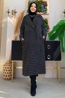 Tesettür giyim SİYAH DESENLİ CEPLİ KABAN T 1177