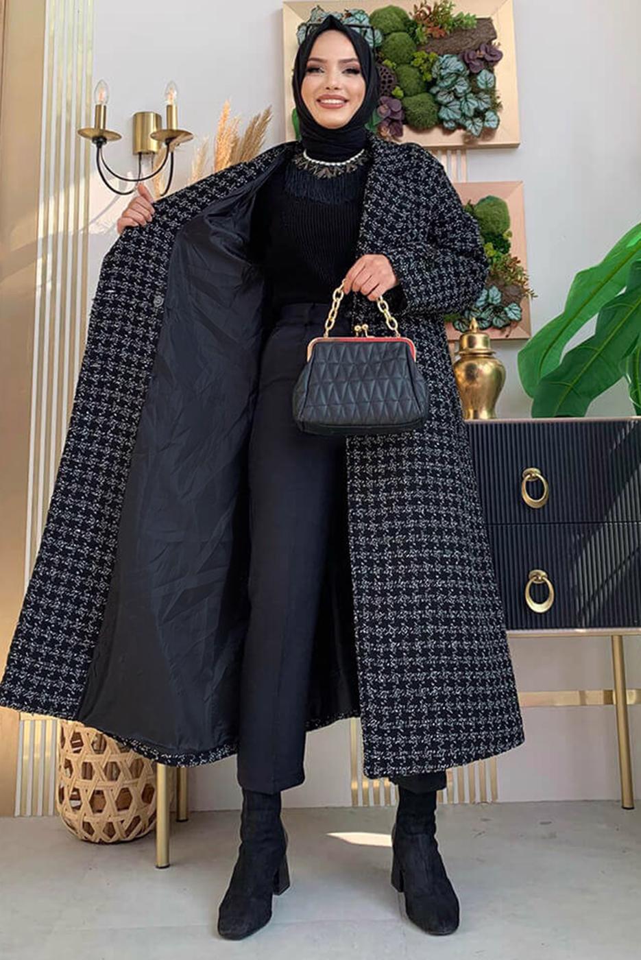 Tesettür giyim SİYAH DESENLİ CEPLİ KABAN T 1177