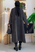 Tesettür giyim SİYAH DESENLİ CEPLİ KABAN T 1177